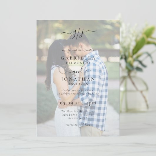 Romantic Elegant Two Photo Monogram Weddenschap Kaart (Staand voorkant)