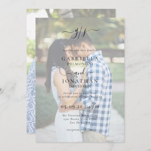 Romantic Elegant Two Photo Monogram Weddenschap Kaart (Voorkant / Achterkant)