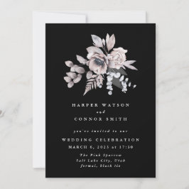 Romantic Elegant Waterverf Black Floral Wedding Kaart