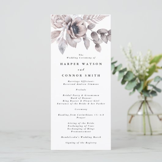 Romantic Elegant Waterverf Floral Wedding Programmakaart (Staand voorkant)