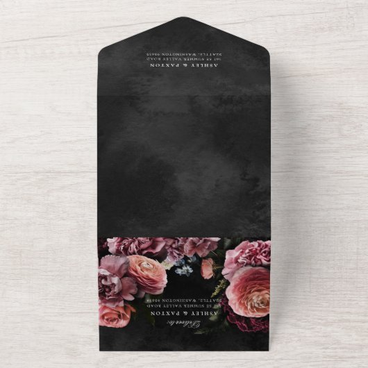 Romantic en Moody Pink Bouquet All In One Uitnodiging (Buitenkant)