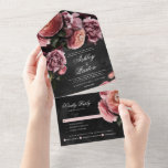Romantic en Moody Pink Bouquet All In One Uitnodiging<br><div class="desc">Romantisch en humeurig, deze formele trouwuitnodiging is perfect voor een geavanceerde moderne bruiloft. Het vochtige bloemontwerp is voorzien van een natuurlijke bouquet van wazige roze en stoffige lavenderbloemen met donkergroene bladeren in een luxe vorm op een donkerzwarte achtergrond. Alle trouwgegevens kunnen worden aangepast aan de behoeften van uw speciale dag....</div>