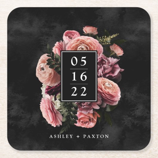 Romantic en Moody Pink Bouquet op Black Kartonnen Onderzetters (Voorkant)