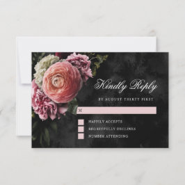 Romantic en Moody Pink Bouquet op Black RSVP Kaartje