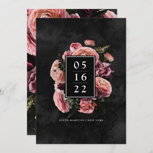 Romantic en Moody Pink | Floral Save the Date Kaart (Voorkant / Achterkant)