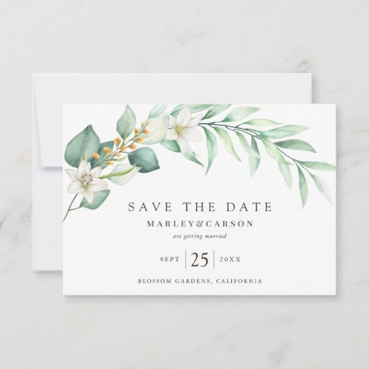 Romantic Eucalyptus Greenery leaves Wedding Save The Date (Voorkant)