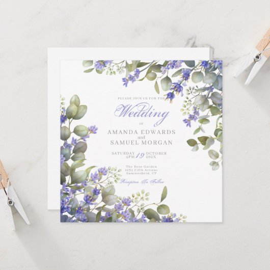 Romantic Eucalyptus & Lavender Wedding Invitation Kaart (Voorkant / Achterkant in situ)