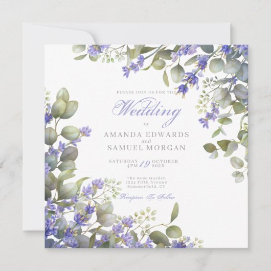 Romantic Eucalyptus & Lavender Wedding Invitation Kaart (Voorkant)