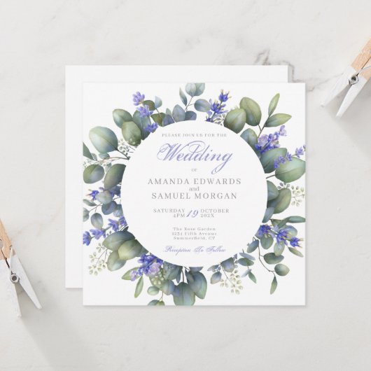 Romantic Eucalyptus & Lavender Wedding Invitation Kaart (Voorkant / Achterkant in situ)
