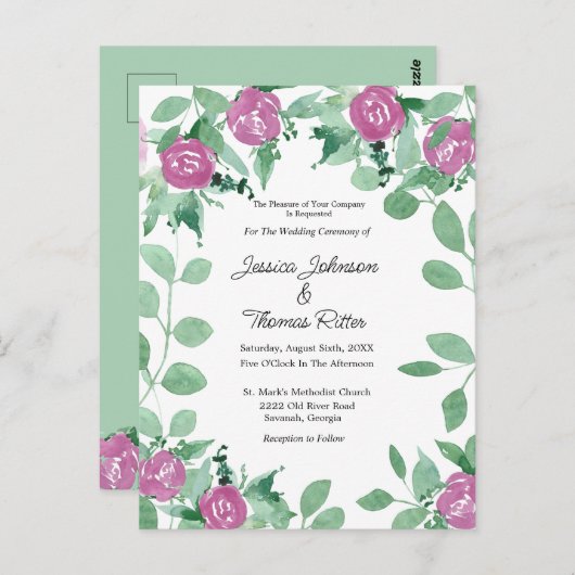 Romantic Eucalyptus roze Roses Weddenschap Briefkaart (Voorkant / Achterkant)