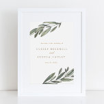 Romantic Evergreen Wedding Welcome Sign Poster<br><div class="desc">Elegant waterverf botanical bruiloft welkomstbord met prachtige handgetekende olijftakken die je trouwgegevens verzinnen. Personaliseer met uw ceremonieinformatie in natuur gekleurde typografie.</div>