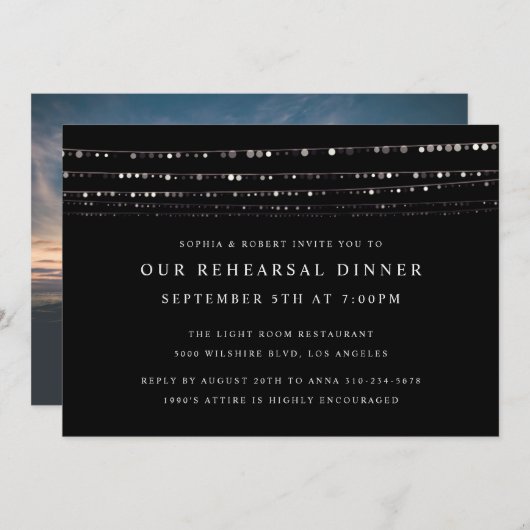 Romantic Fairy Lights Rehearsal Dinner Black Kaart (Voorkant / Achterkant)
