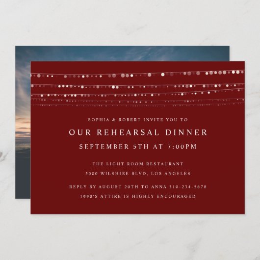 Romantic Fairy Lights Rehearsal Dinner Maroon Kaart (Voorkant / Achterkant)