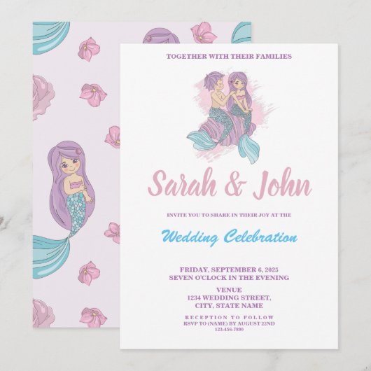 Romantic Fairy Tale Mermaid Wedding Invitation Kaart (Voorkant / Achterkant)
