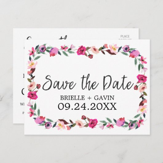 Romantic Fairytale Blossom Wreath Save the Date Aankondigingskaart (Voorkant / Achterkant)