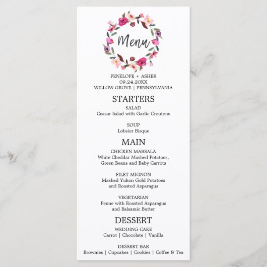 Romantic Fairytale Wreath Wedding Menu Kaart (Voorkant)