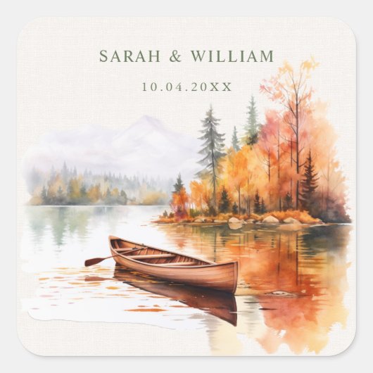 Romantic fall lake and boat Wedding Sticker (Voorkant)