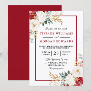 Romantic Festive Red White Green Floral Wedding Kaart