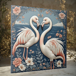 Romantic Flamingo Couple Art Deco Blue Pond Floral Tegeltje