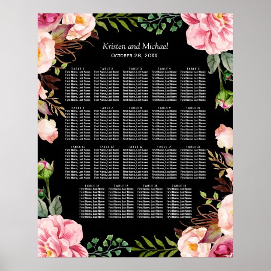 Romantic Floral 19 Tables Wedding Seating Chart Poster (Voorkant)