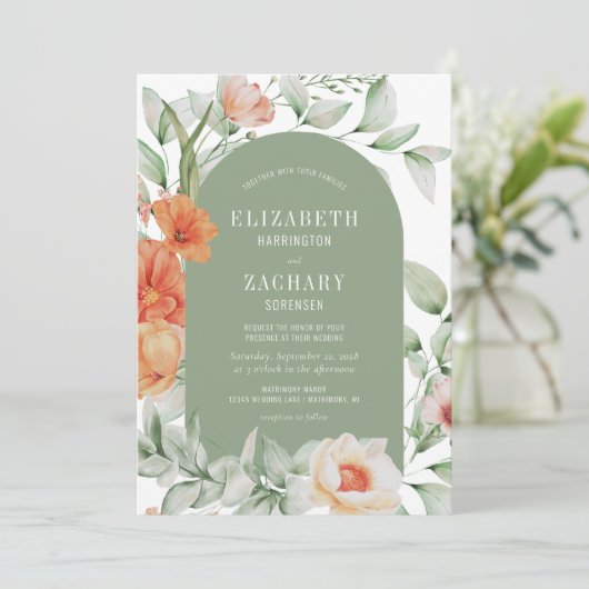 Romantic Floral Arch Peach Sage Green Wedding Kaart (Staand voorkant)