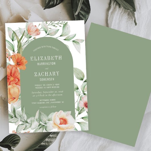 Romantic Floral Arch Peach Sage Green Wedding Kaart