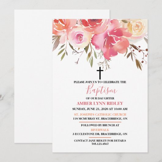 Romantic Floral Baby Baptism & Brunch Kaart (Voorkant / Achterkant)