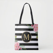 Romantic Floral Black White Stripes Monogram Tote Bag (Voorkant)