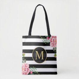 Romantic Floral Black White Stripes Monogram Tote Bag