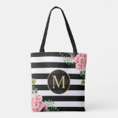 Romantic Floral Black White Stripes Monogram Tote Bag (Achterkant)