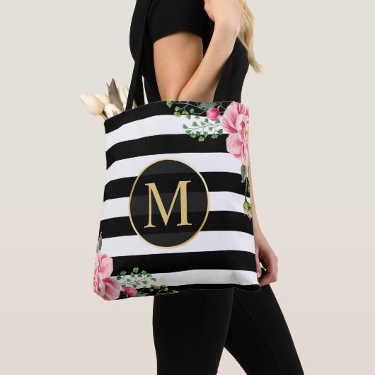 Romantic Floral Black White Stripes Monogram Tote Bag (Dichtbij)