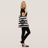 Romantic Floral Black White Stripes Monogram Tote Bag (Op model)