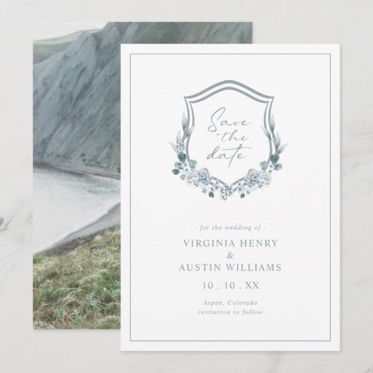 Romantic Floral Blue Photo Save the Date (Voorkant / Achterkant)