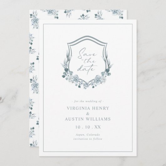 Romantic Floral Blue Save the Date (Voorkant / Achterkant)