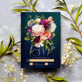 Romantic Floral Bouquet Emerald Green Gold Wedding RSVP Kaartje