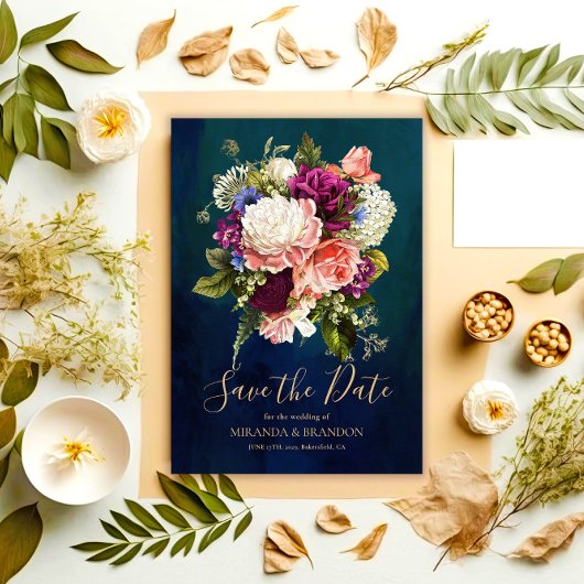 Romantic Floral Bouquet Emerald Green Gold Wedding Save The Date