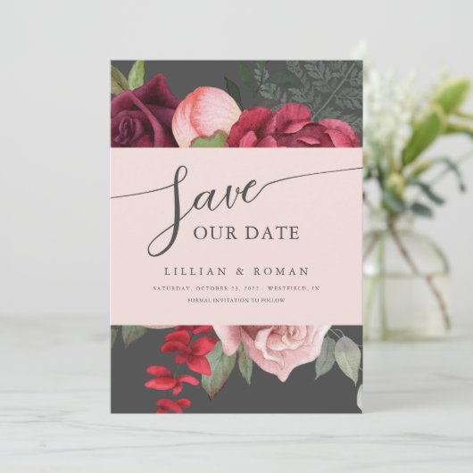 Romantic Floral Bridal Bouquet Pink & Gray Wedding Save The Date (Staand voorkant)