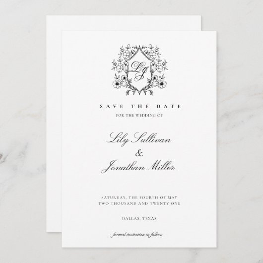 Romantic Floral Crest Monogram slaat de datum op Save The Date (Voorkant / Achterkant)