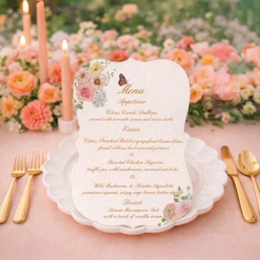 Romantic Floral Die Cut Wedding Menu Card Kaart