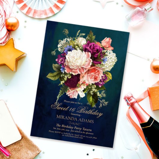 Romantic Floral Emerald Green Gold 16 Birthday Kaart