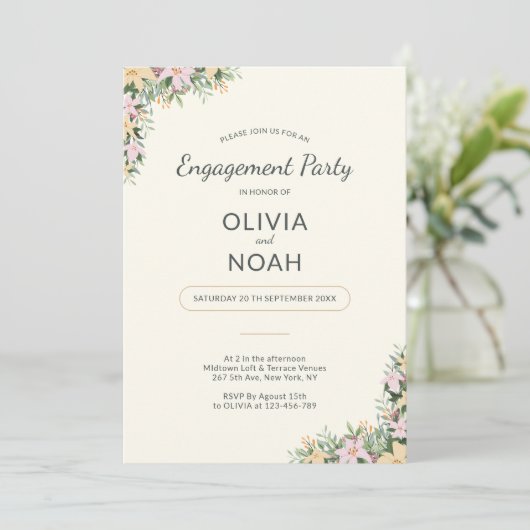 Romantic Floral Engagement Party Invitation Kaart (Staand voorkant)