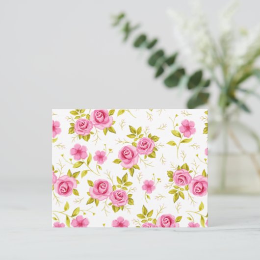 Romantic Floral Flowers Rozen Roze Witte Patroon Briefkaart (Staand voorkant)