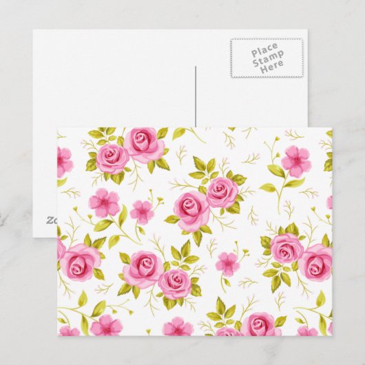 Romantic Floral Flowers Rozen Roze Witte Patroon Briefkaart (Voorkant / Achterkant)