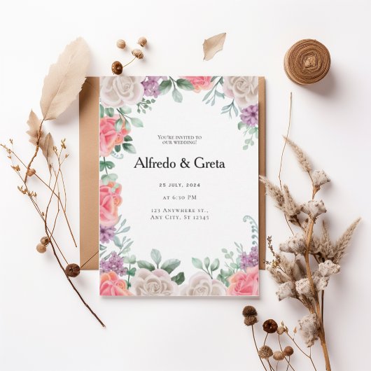 Romantic Floral Frame Wedding Invitation Kaart