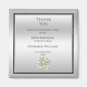 Romantic Floral Gem, Silver & Black Birthday Favor Magneet