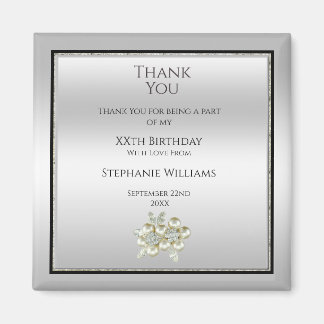 Romantic Floral Gem, Silver & Black Birthday Favor Magneet