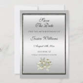 Romantic Floral Gem, Silver & Black Birthday Save The Date (Voorkant)