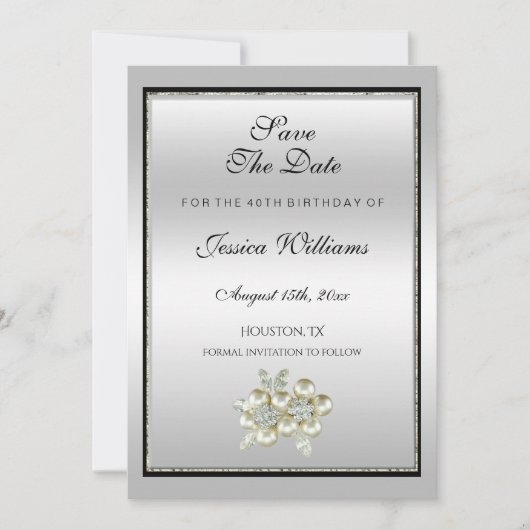 Romantic Floral Gem, Silver & Black Birthday Save The Date (Voorkant)