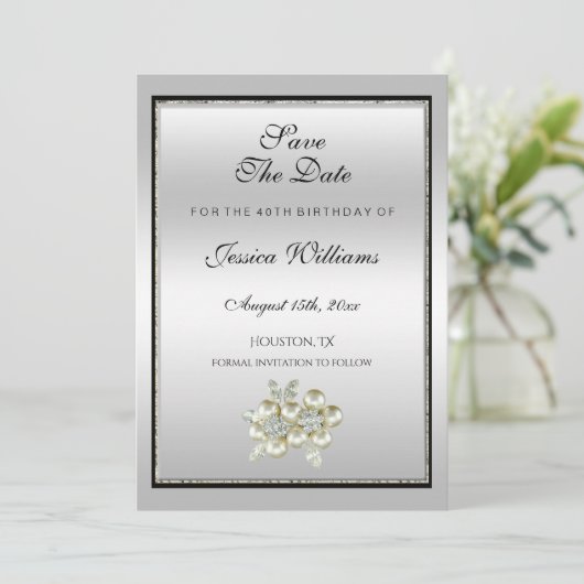 Romantic Floral Gem, Silver & Black Birthday Save The Date (Staand voorkant)