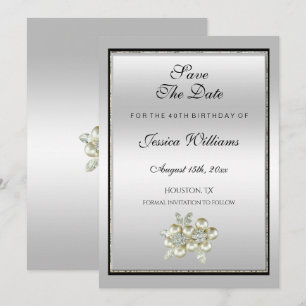 Romantic Floral Gem, Silver & Black Birthday Save The Date
